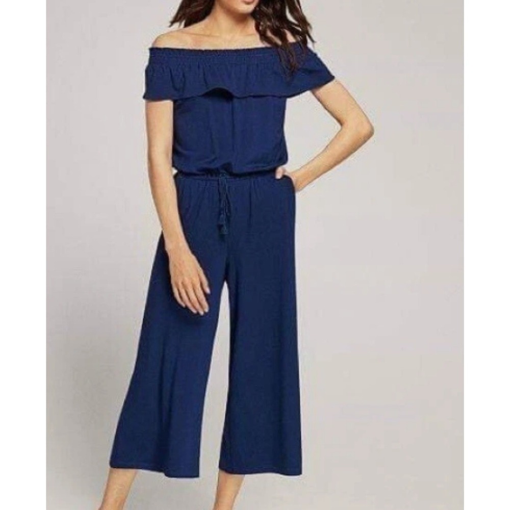 RALPH LAUREN Blue Ruffle Off Shoulder Jersey Crop Wide Leg Jumpsuit Size S